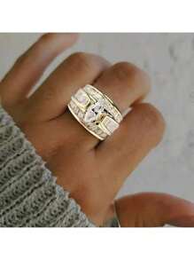 1 件女士 14K 镀金时尚优雅方晶锆石镶嵌宽版订婚戒指，奢华珠宝礼物，适合婚礼、周年纪念