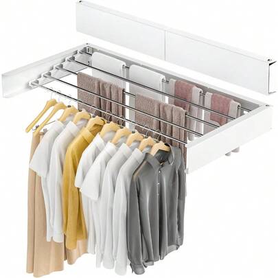 Wall Mounted Clothes Airer Retractable Foldaway Laundry Clothes Drying Rack 30kg Capacity With 5 Rods For Indoor Outdoor Saving Space