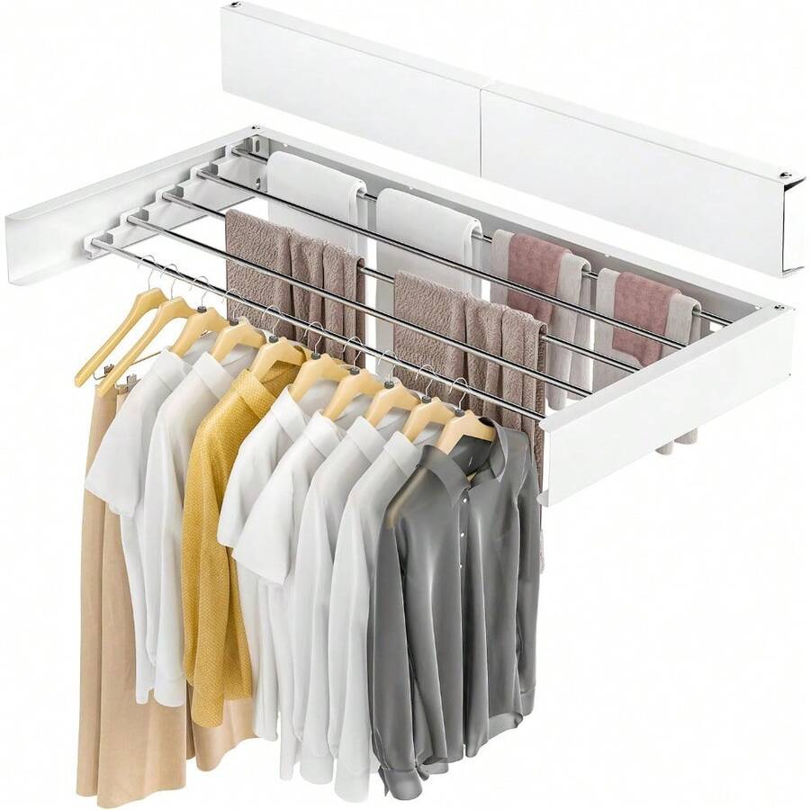 Wall Mounted Clothes Airer Retractable Foldaway Laundry Clothes Drying Rack 30kg Capacity With 5 Rods For Indoor Outdoor Saving Space - 80 cm x 40 cm x 10cm - View 1