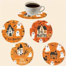 1 set/500 sets de 4 piezas/set de posavasos de Halloween con diseños de fantasma, sombrero de bruja, esqueleto, telaraña, zombi, murciélago, rama desnuda y lápida, hechos de poliéster y goma, adecuados para bares, oficinas, hogares y todo tipo de ocasiones, tamaño: 10 x 10 cm.