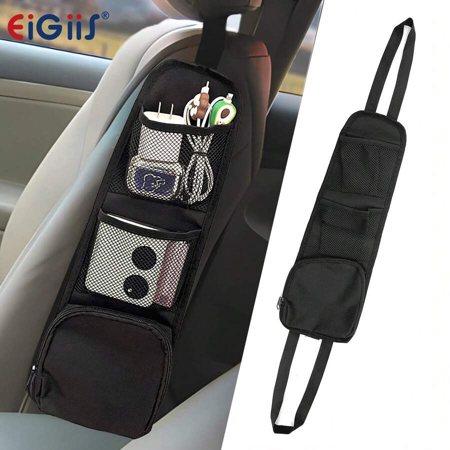 EIGIIS 1pc Multi-Pocket Car Seat Organizer - Durable Polyester, Versatile Hanging Storage For Phones, Wallets, Glasses, Mesh Pockets, Easy Clean, Suitable For Cars, SUV, Trucks