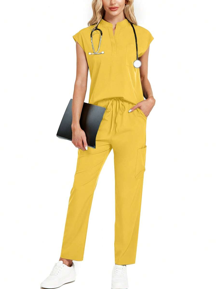 2pcs Set: Solid Color Notched Neck Short Sleeve Top And Long Pants Pajama Set Spring