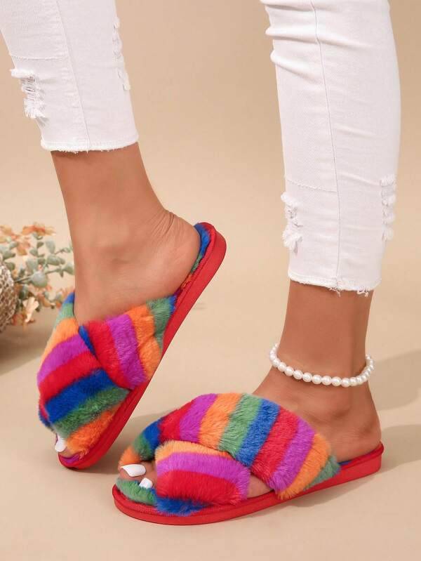 Women's 2025 Autumn/Winter New Rainbow Gradient Colorblock Striped Criss-Cross Open Toe House Slippers, Flat Comfortable Non-Slip, Warm Plush Slippers Suitable For Cold Season Indoor Casual Wear