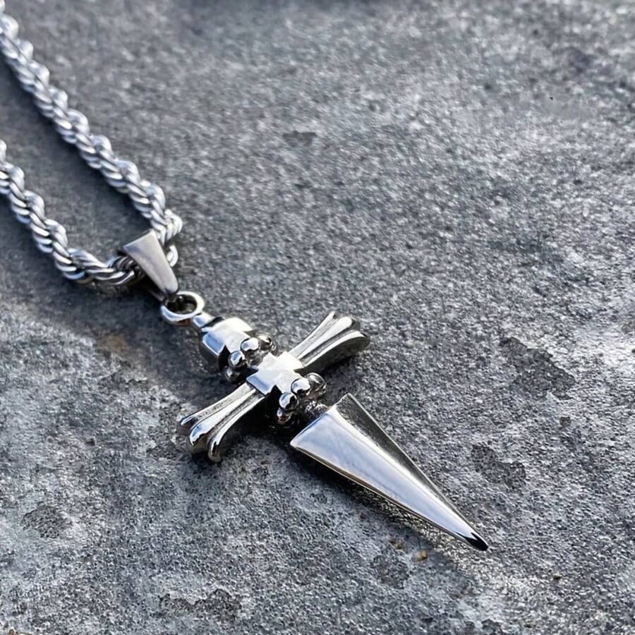 Men's Punk Style Fashion Cross Pendant, Stainless Steel Gothic Chain Necklace, Men's Necklace, Two Colors Optional - silvery - View 1