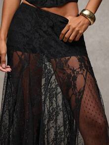 Women's Y2K LACE Patchwork Long Skirt Summer FloralHigh Waist Sheer Mesh See Through Midi A-Line Skirt For Beach Vacation Wear - 黑色 - 查看 7