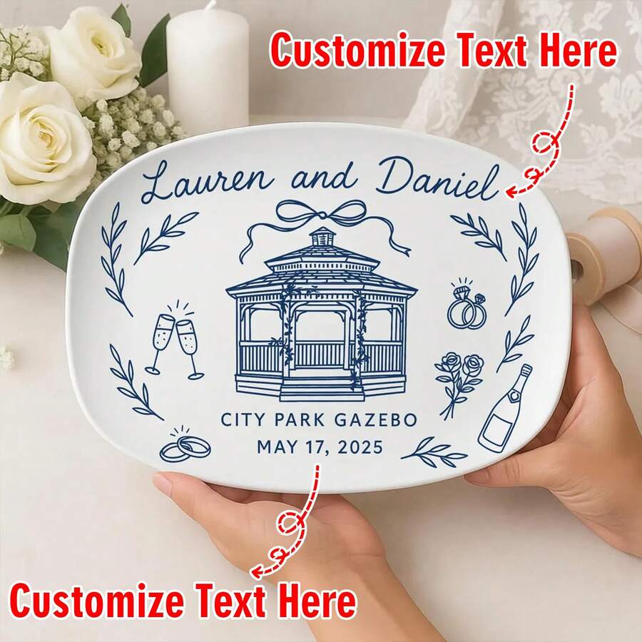 طبق تذكاري مزخرف شخصي لحفل الزفاف - مع الأسماء والتاريخ والموقع - هدية زفاف - ديكور حفل الاستقبال فقط - متعدد الألوان - مشاهدة 1