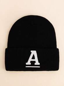 1pc Kids Black Uppercase Letter Embroidered Beanie, Minimalist Solid Color Soft Warm Fashion Accessory Knit Hat, Suitable For Boys & Girls In Autumn & Winter