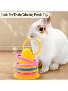 Brinquedo de Alívio de Tédio para Coelho, Brinquedo de Mastigação para Coelho, Brinquedo de Argola, Brinquedo de Quebra-cabeça para Coelho, Balde de Gelo Respirável para Porquinho-da-índia, Acompanha 5 Argolas de Cores Aleatórias - Multicolorido - Visão 4