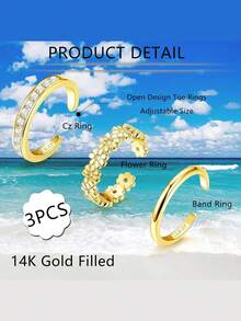 Milacolato 3Pcs Gold Filled Toe Rings For Women Non Tarnish 14K Gold Filled Toe Ring Adjustable Flower Cz Dainty Toe Ring Summer Beach Open Toe Rings Set Toe Jewelry Foot Jewelry - 彩色 - 查看 2