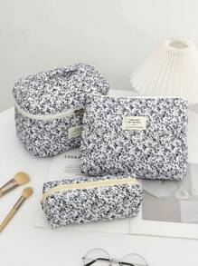 1 pieza Bolsa acolchada de gran capacidad con estampado floral azul de uso múltiple, bolsa de maquillaje de moda y casual con cremallera portátil, esencial para viajes, almacenamiento de papelería, vacaciones, cosméticos, productos de belleza, decoración del hogar, para mamá, mujeres, enfermeras, estudiantes, niñas escolares, llaves, regalos festivos
