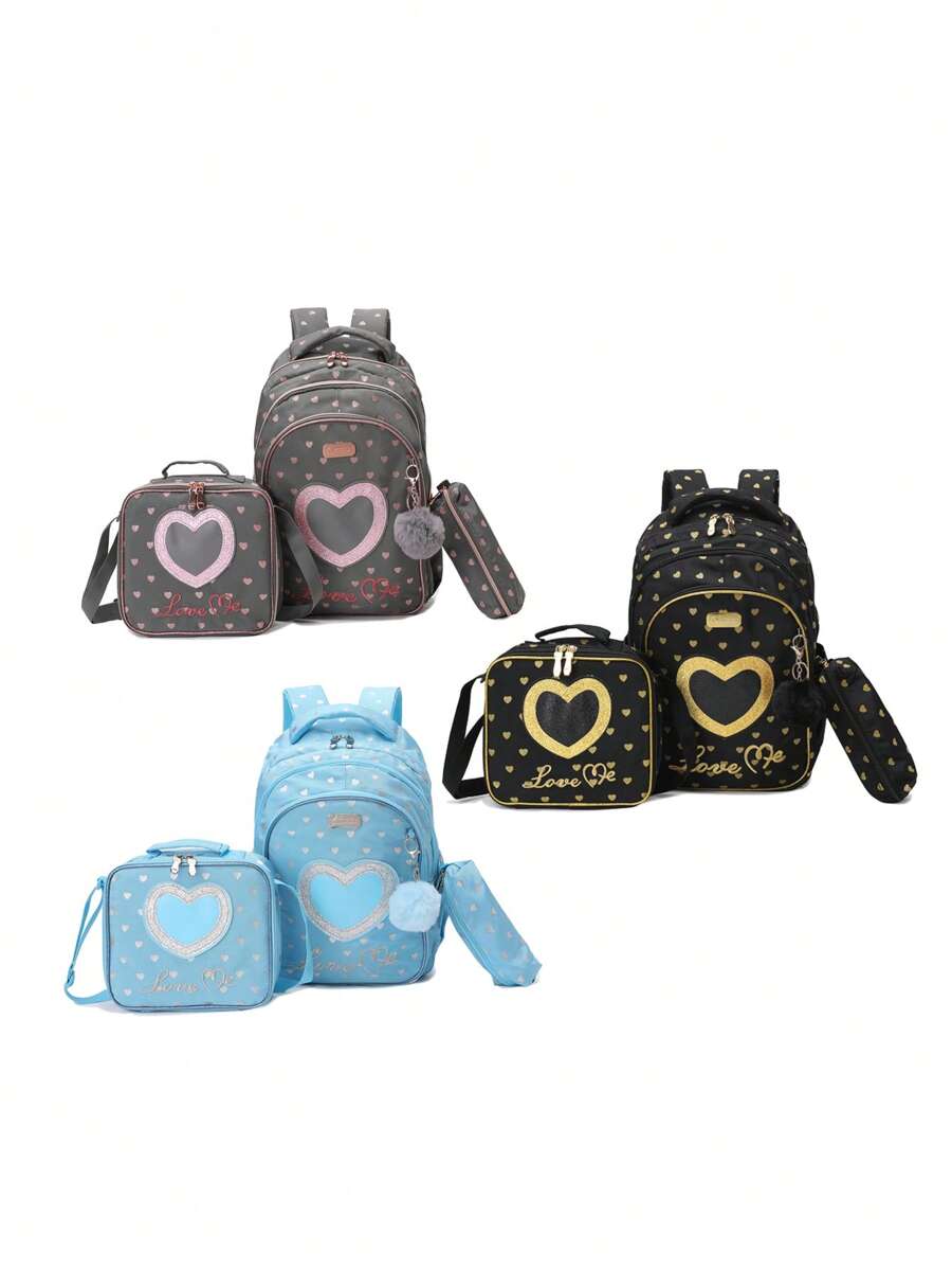 17-Inch Kids Backpack Set With Lunch Bag And Pencil Case, Lightweight School Bag Suitable For Teenagers, Girls And Boys, Heart-Shaped Glitter Large Capacity 3-In-1 Backpack, Insulated Lunch Bag, Pencil Case, Padded Shoulder Straps To Reduce Shoulder Pressure, Casual Backpack For Daily Use Or Travel