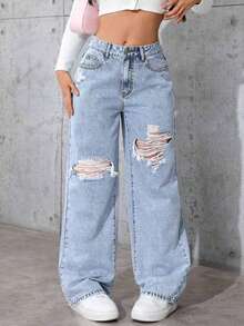 Jeans desgastados para adolescentes, pantalones vaqueros cómodos y versátiles - Azul - Ver 4