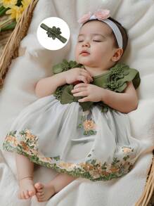Baby Girls Rompers Round Neck Embroidery Jumpsuits With Headband