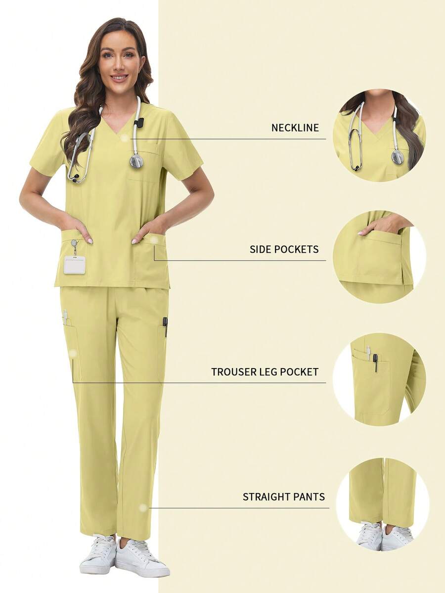 Spa Uniform Kasacks Damen atmungsaktiv weich Kurzarm Top gerade Hose Sets Beauty Salon Nageltechniker Arbeitskleidung Krankenschwester Uniform - Gelb - Übersicht 1