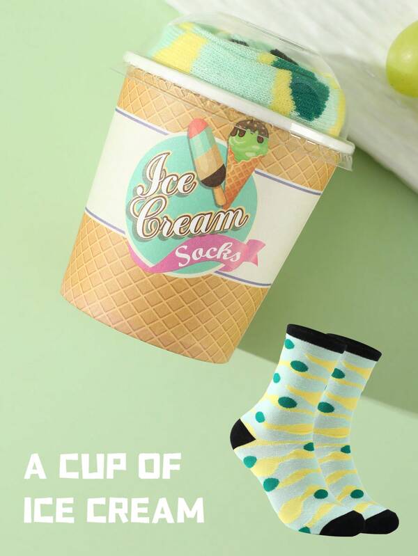 1 par de calcetines creativos con diseño de helado, calcetines medianos unisex, con patrón de rayas coloridas, diseño inspirado en comida caprichosa, elegante y cómodo, adecuado como regalo de cumpleaños/Acción de Gracias/Halloween/Navidad, artículos para fiestas, uso casual para todas las estaciones