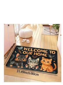 1pc Outdoor/Indoor Absorbent Anti-Dirt Mat, Crystal Velvet Cat Design Carpet For Living Room, Bedroom, Kitchen, Bathroom
