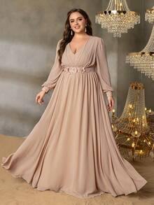 Faeriesty Vestido formal de gasa con mangas farol, escote en V y aplicaciones elegantes para fiestas, bodas, bailes de graduación, eventos de alfombra roja y banquetes de alta gama para tallas grandes