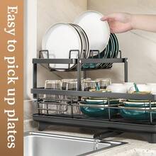 Dish Drying Rack, Extendable Dish Rack For Kitchen Countertop, Double Tier No Design, Stainless Steel Dish Drainer With Drain Board Set And Knife And Fork Holder, Cutlery Rack Kitchen Gift (Black, White) - Black - View 4