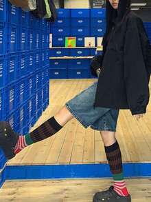 1 Paar/2 Paar Damen Farbblock gestreifte Kniestrümpfe, Retro-Ästhetik Socken, Mode Schlankheits-Socken für Frühling & Herbst, Y2K, gemütlich - Verschiedenfarbig - Übersicht 7