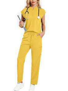 2pcs Set: Solid Color Notched Neck Short Sleeve Top And Long Pants Pajama Set Spring - Mustard Yellow - View 8