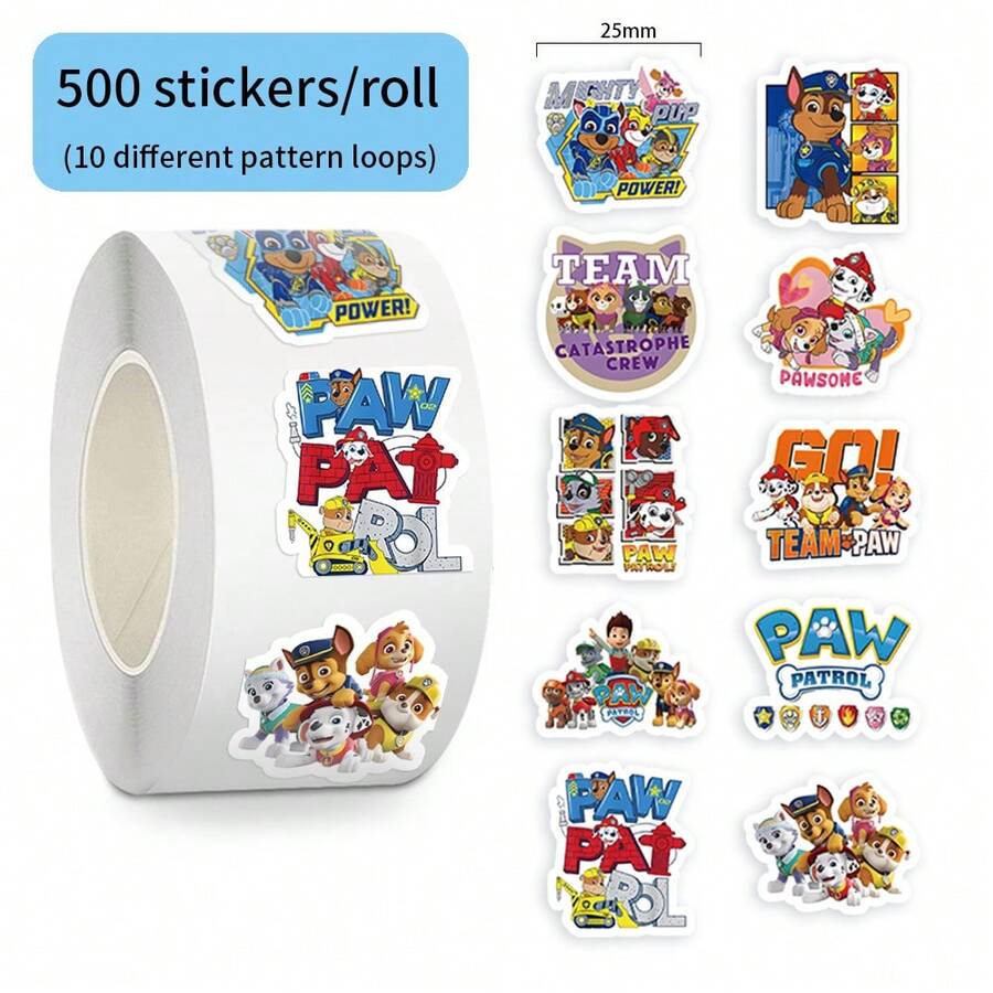 Paw Patrol 500张/卷 汪汪队立大功卡通可爱贴纸标签,卡哇伊贴纸,适用于DIY礼物、包装、装饰、派对礼品 - 彩色 - 查看 1