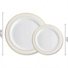 100 Piece Plastic Party Plates White Gold Rim, 50 Premium Heavy Duty 10.25 Inch Dinner Plates And 50 Disposable 7.5 Inch Dessert Appetizer Elegant Fancy Heavy Duty Wedding Plates-CQ - 白色/金邊 - 查看 3