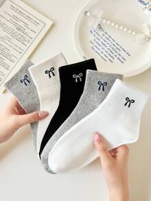 5 Pairs Women's Cute Breathable Bow Decor Ankle Socks, Invisible Liner Socks, Fashionable Ins Style Socks, White And Black, Suitable For Casual Daily Wear, All Seasons - Multicolor - View 3