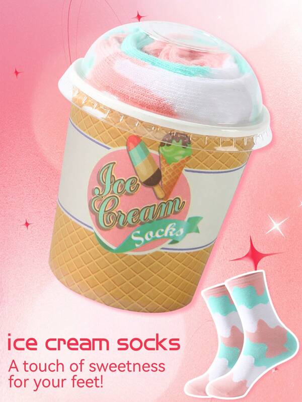 1 par de calcetines creativos con diseño de helado, calcetines medianos unisex, con patrón de rayas coloridas, diseño inspirado en comida caprichosa, elegante y cómodo, adecuado como regalo de cumpleaños/Acción de Gracias/Halloween/Navidad, artículos para fiestas, uso casual para todas las estaciones