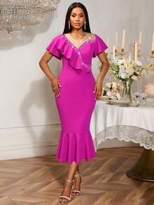 Women Pearl Beaded Ruffled Mermaid Party Dress Evening Bodycon Midi Dresses,Outfit For Date,Party,Wedding Dress,Bridesmaid Dress,Graduation Dress,Wedding Guest,Back To School