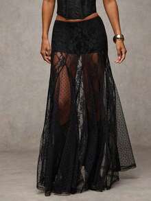 Women's Y2K LACE Patchwork Long Skirt Summer FloralHigh Waist Sheer Mesh See Through Midi A-Line Skirt For Beach Vacation Wear - 黑色 - 查看 4
