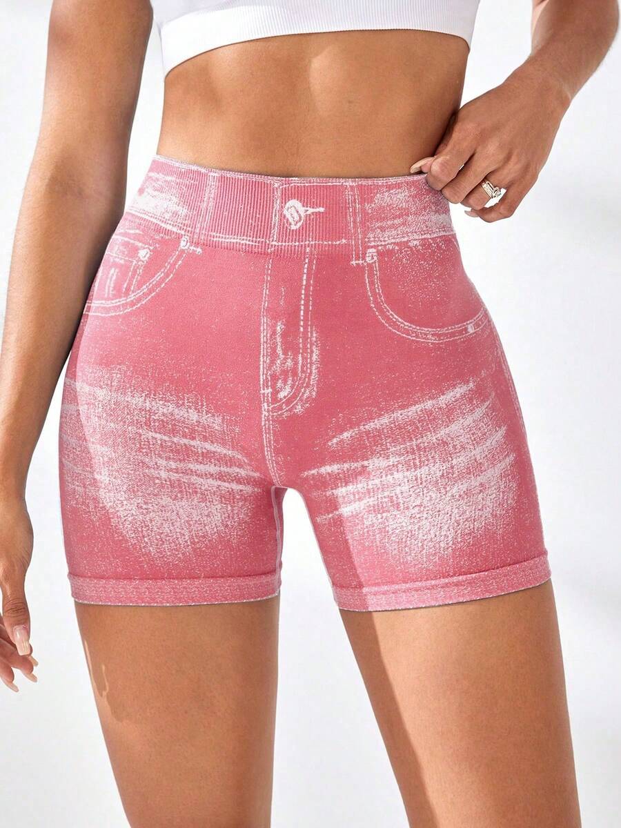 Women's V Back Workout Shorts, Denim Print High Waisted Shorts Stretchy Scrunch Slim Fit Yoga Biker Jegging Butt Lifting Sports Fitness Yoga Pants - 粉色 - 查看 1