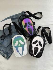 万圣节鬼脸印花女士手机钱包激光女士单肩包斜挎包女士包骷髅脸购物袋适合购物和拍照，万圣节礼物迷你方包，万圣节钱包，非常适合化装派对万圣节时尚和哥特式时尚，最适合女性的万圣节礼物 - 彩色 - 查看 4