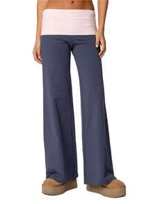 Wide Leg Yoga Pants For Women Y2K Low Waist Fold Over Loose Lounge Flare Leggings Sweatpants - 藍色 - 查看 1