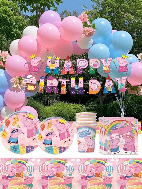 Peppa Pig Peppa Pig Birthday Party Theme Pink Piglet Paper Plate, Paper Plate Cup, Tissue, Tablecloth, Tableware Set, Birthday, Wedding, Party, Disposable Tableware, Atmosphere, Decoration And Setting Supplies