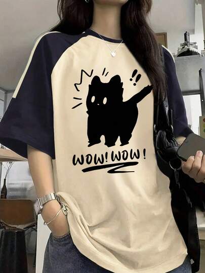 Teen Girls Short Sleeve Tee Oversized Cat Graphic Wow Playful Soft Comfy Everyday Wear
