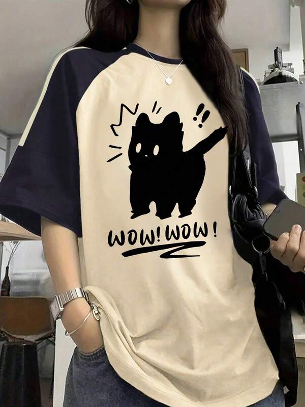 Teen Girls Short Sleeve Tee Oversized Cat Graphic Wow Playful Soft Comfy Everyday Wear