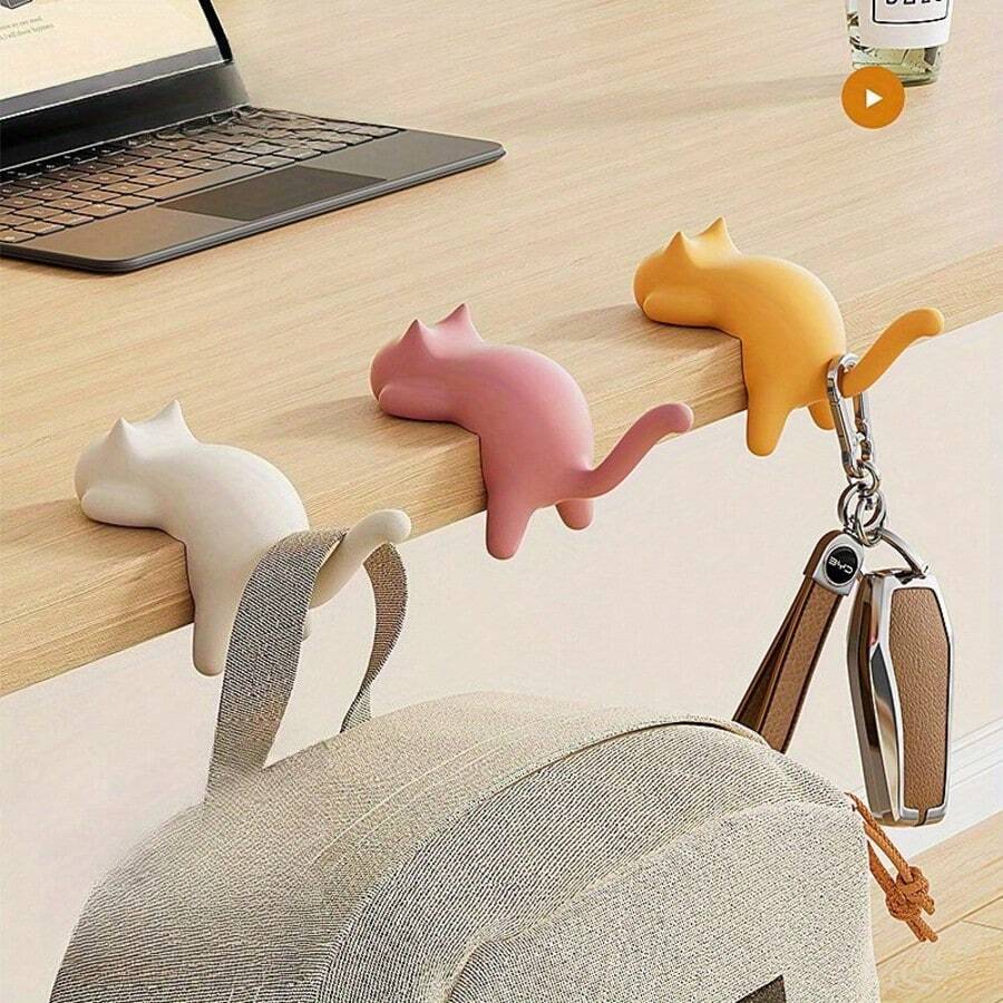 1pc Cat-Shaped Multi-Function Hook - Hole-Free & Damage-Free Design, Durable Metal Hook, Suitable For Backpacks And Bags, Ideal For Elementary Students, Desktop Accessory, Cute Design, Smooth Surface - Multicolor - View 1