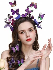 1pc Plastic Butterfly Headband Fascinator Hats Women Monarch Tea Party Headband Alice In Wonderland Hat Costume( Butterflies In The Same Color Scheme With Random Patterns) - Purple - View 2