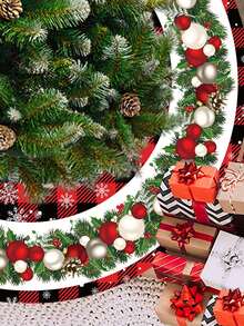 1 fustă de brad de Crăciun, cu diametrul de 60/90 cm, model în carouri roșu și negru cu ornament de fulgi de zăpadă și perle, decorațiune pentru brad de Crăciun, Crăciun fericit