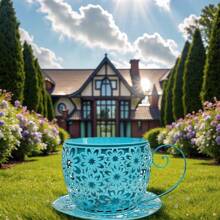 1 件复古美式乡村风格镂空花盆，带咖啡杯设计的装饰铁艺花盆，轻质金属花盆，适用于露台、阳台和花园装饰，花园花盆 - 彩色 - 查看 3