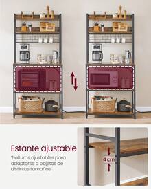 Estantería para Panadería con Toma de Corriente, Soporte de Microondas, Estantería de Cocina, Alambre de Metal, 14 Ganchos, 40 x 80 x 170 cm/40 x 60 x 170 cm, Marrón Rústico y Negro - Marrón - Ver 4