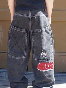 1pc Men's Black Embroidered Denim Wide Leg Jeans, Street Fashion - Grey - View 4