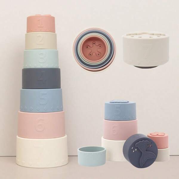 لعبة أكواب التكديس للأطفال، أكواب تكديس تعليمية مضحكة، من السيليكون، لعبة ناعمة وللعض