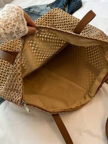 夏季草编沙滩包，大容量托特包，购物篮包，手提包，度假风格，简约百搭，多口袋女包，适合装连衣裙、购物、旅行、收纳，柳条包 - 卡其色 - 查看 7