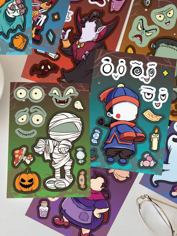 8 Stück verspielte Halloween Collage Aufkleber, lustig und kreativ für Laptops, Wasserflaschen, Skateboards, Gepäck, Handyhüllen und Party Dekorationsaufkleber