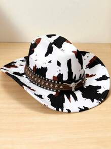 1pc Unisex Polyester Cow Print Cowboy Hat - Leather Rivet And Cow Skull Decor, Suitable For Horseback Riding, Outdoor Travel, Cowboy Party And Daily Wear - Multicolor - View 12