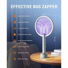 Electric Fly Swatter Racket, Mosiller 2 In 1 Smart Bug Zapper  Power Take Off Generators With USB Rechargeable Base, Powerful Mosquitoes Trap Lamp  Fly Killer For Home, Bedroom(Light Grey1 Pack)