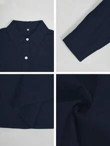 Áo sơ mi cotton trơn màu Look Polly dành cho nữ, kiểu dáng đơn giản, cài cúc một hàng phía trước, tay dài, thích hợp cho trang phục đi biển và nghỉ mát hàng ngày. - Hải quân - Xem 11