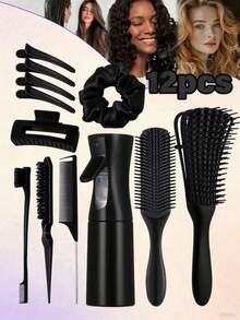 12pcs Hair Brush Set, Includes 200ml Continuous Spray Bottle, High-Quality Wide-Tooth Comb, Scalp Massage Shampoo Brush, Straightening Brush, Edge Brush, Volumizing Brush, Tail Comb, 4pcs Hair Clips And Hair Ties, Hairstyling Tools Set, Hair Accessories - Nine-row Comb 12pcs - View 1