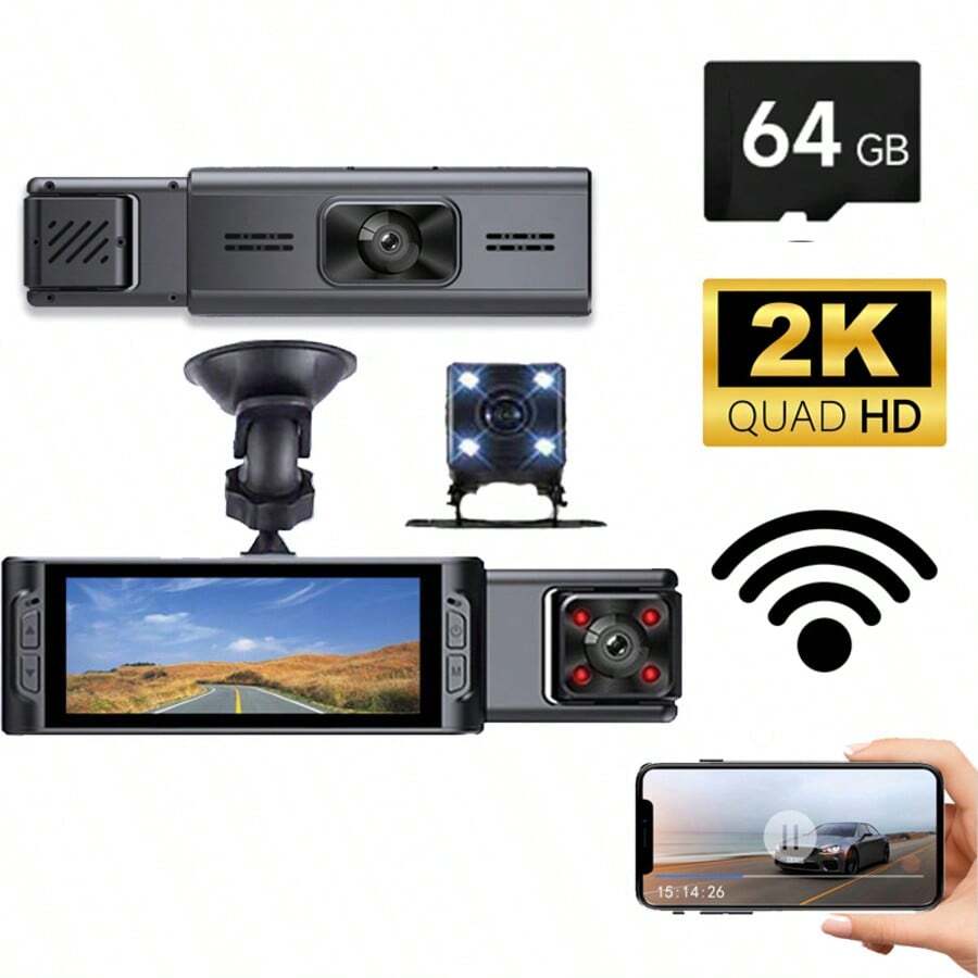 适用于汽车配件的三镜头行车记录仪，前/中/后摄像头同时录制，2K 分辨率，带 WiFi，免费 64GB 存储卡，循环录制，运动检测，24 小时停车监控，智能手机连接，重力传感器，倒车摄像头，是送给女性的理想礼物